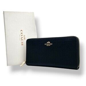 Coach Long Wallet, Crossgrain Leather, Accordion Zip-Around Black W3